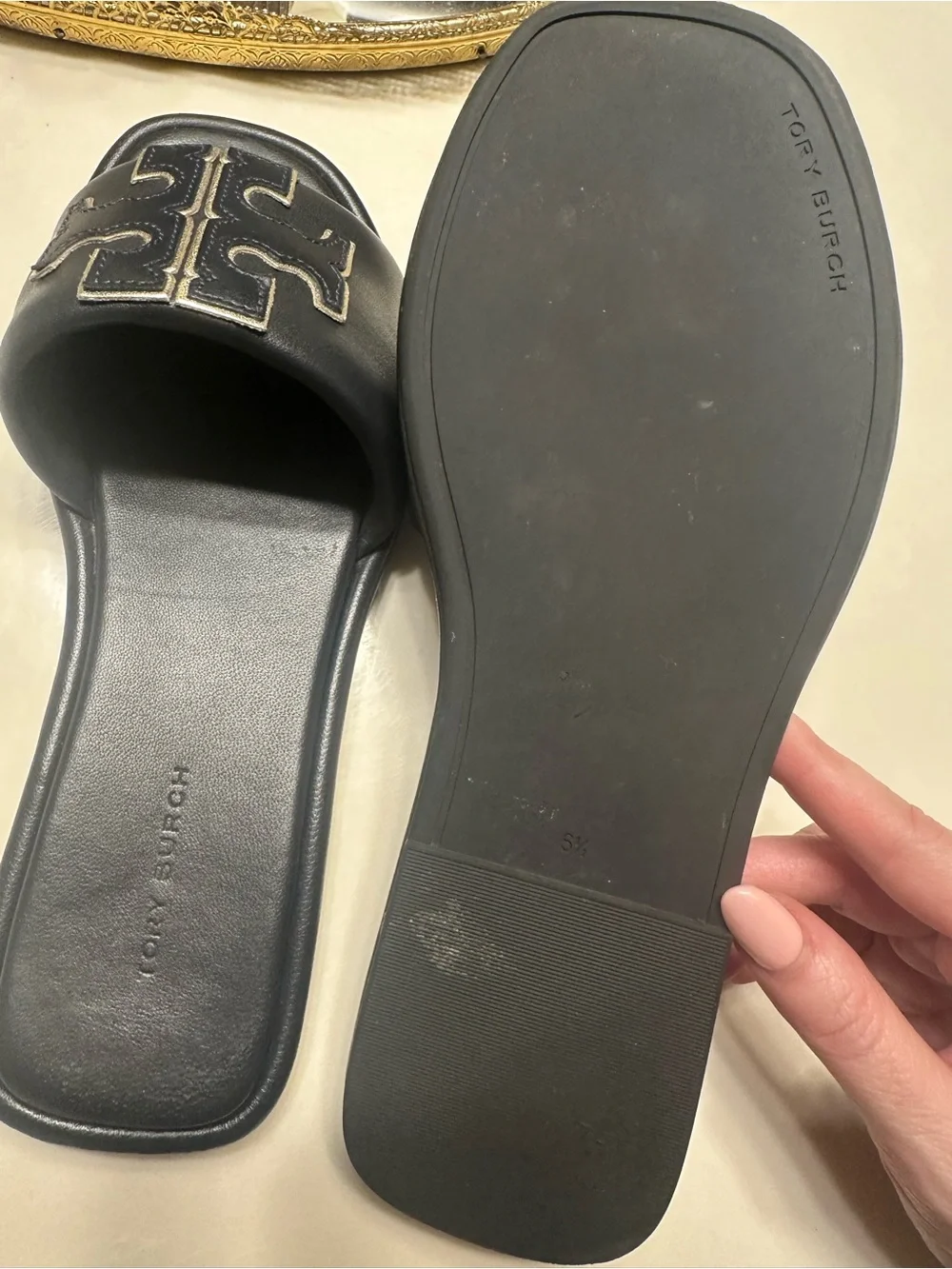 Tory Burch Black Leather Logo Slide Sandals